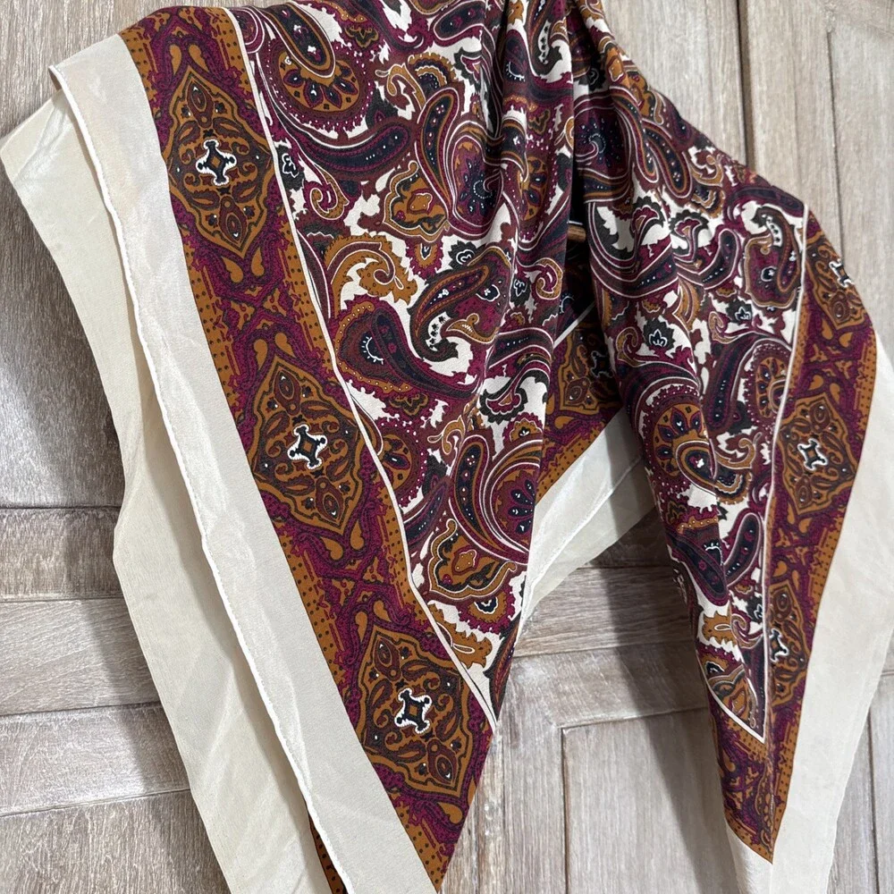 Vintage Silk Paisley Scarf 32x34 Burgundy Rust Mustard Gold Ornate Border 70s